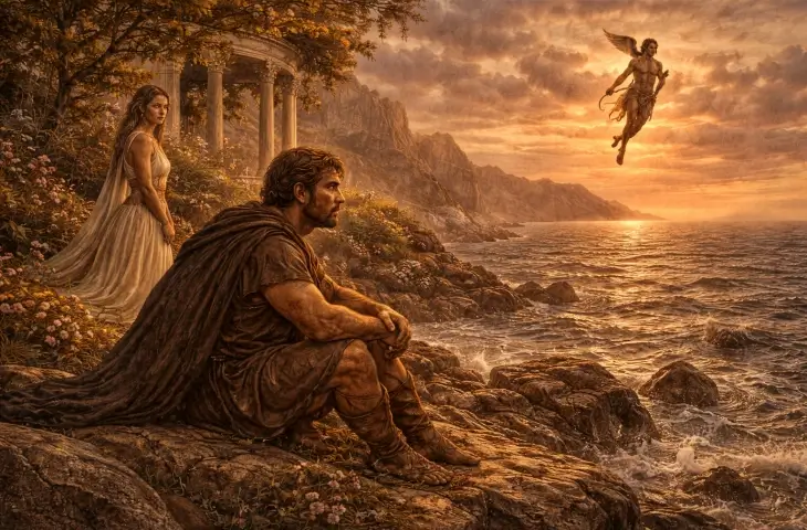 Kalypso’nun adasında yalnız geçen yılları betimleyen mitolojik sahne; deniz kıyısında oturan Odysseus, arka planda Kalypso ve ufukta tanrısal bir figür görülüyor.